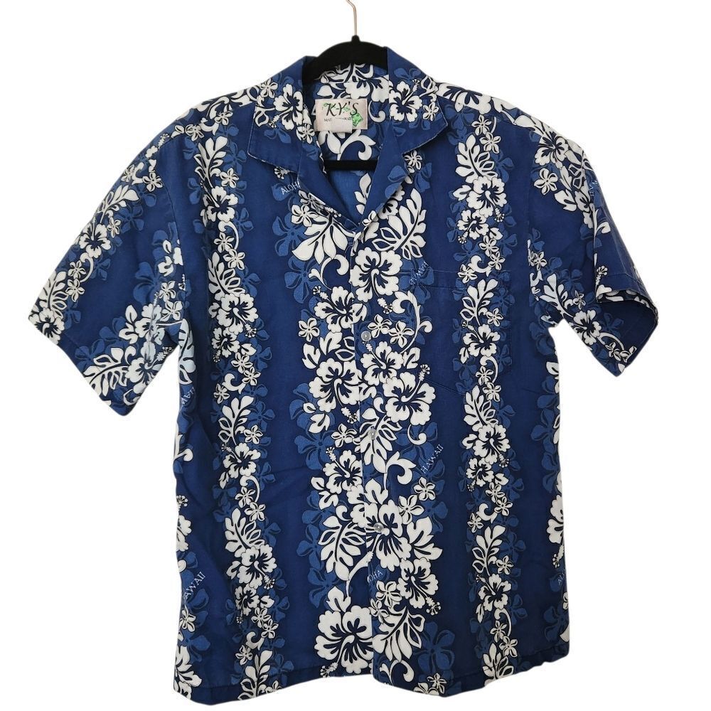 KY'S Made In Hawaii Men's Blue Hawaiian Floral Shirt Button Front Short Sleeve M